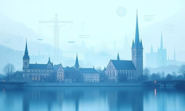 Symbolische Darstellung der Schweiz mit juristischen Symbolen im Hintergrund
